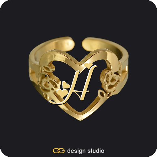 Arial Letter - H / Gold,The Essential Name Necklace,Chain Upgrade - Figarro,The Heartfelt Initial Ring