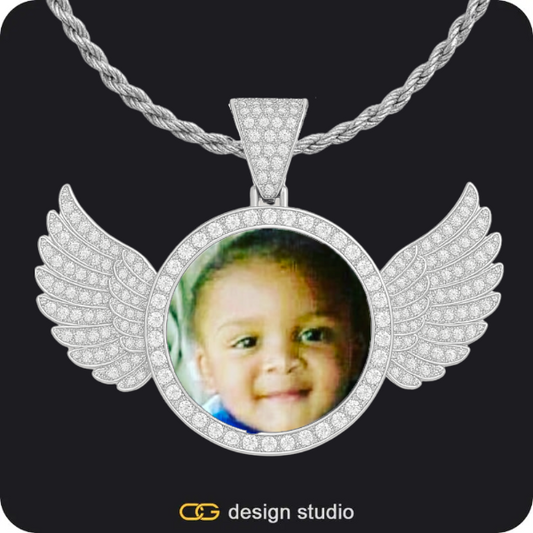 Custom Photo Pendant - Silver / Wings / Rope