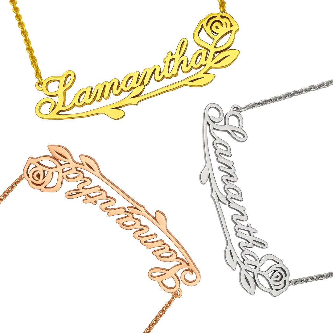 The Rose Bud - Collar con nombre personalizado subrayado grande de CustomGld