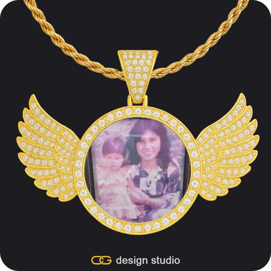 Custom Photo Pendant - Gold / Wings / Rope