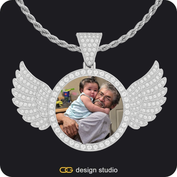 Custom Photo Pendant - Silver / Wings / Rope