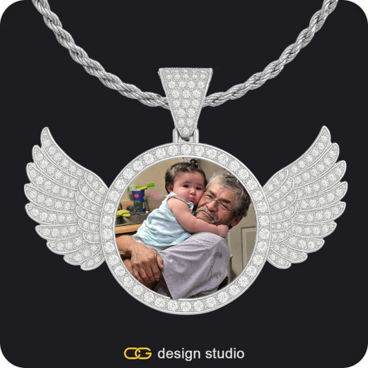 Custom Photo Pendant - Silver / Wings / Rope