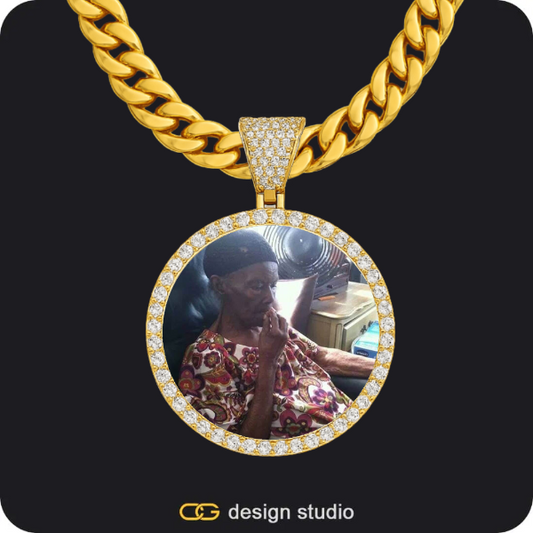 Custom Photo Pendant - Gold / Circle (3 cm) / Cuban (10mm),Custom Photo Pendant - Gold / Wings / Cuban (5mm)