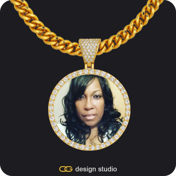 Clover Initial Necklace - M / 16 inch,Custom Photo Pendant - Gold / Circle (3 cm) / Cuban (5mm),Custom Photo Pendant - Gold / Circle (3 cm) / Rope
