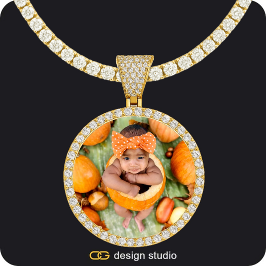 Hexagon initial necklace - Z,Custom Photo Pendant - Gold / Circle (4 cm) / Tennis