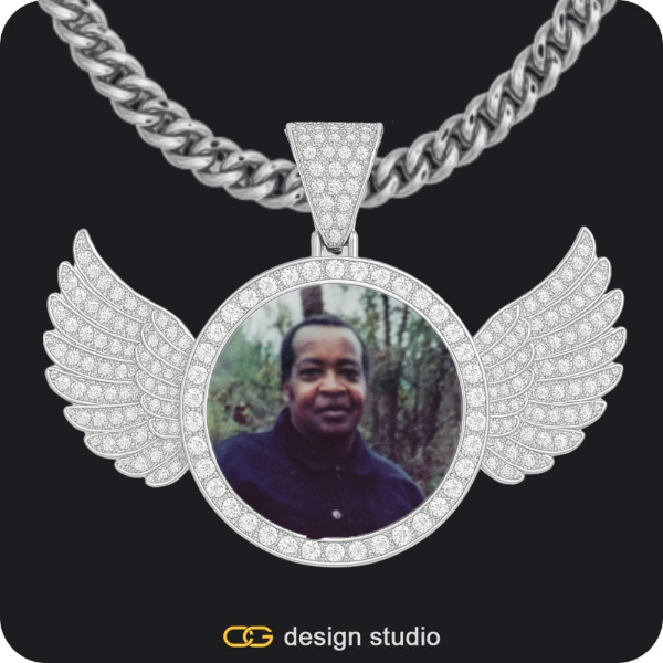 Clover Initial Necklace - M / 18 inch,Custom Photo Pendant - Gold / Circle (3 cm) / Tennis,Custom Photo Pendant - Silver / Wings / Cuban (5mm)