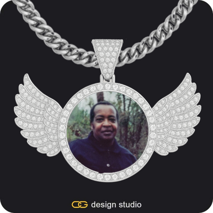 Clover Initial Necklace - M / 18 inch,Custom Photo Pendant - Gold / Circle (3 cm) / Tennis,Custom Photo Pendant - Silver / Wings / Cuban (5mm)