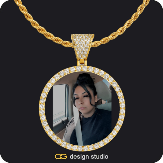 Hexagon initial necklace - F,Custom Photo Pendant - Gold / Circle (4 cm) / Rope