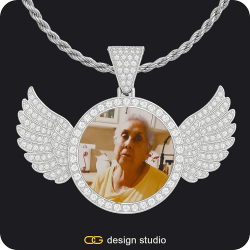 Custom Photo Pendant - Silver / Wings / Rope