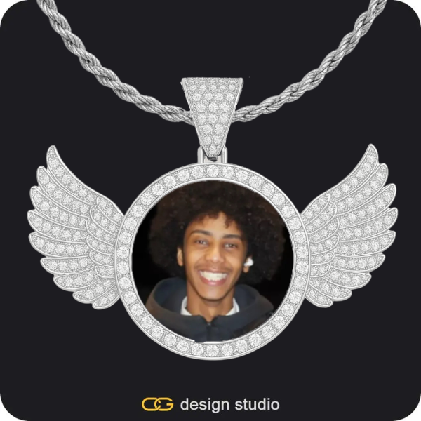 Custom Photo Pendant - Silver / Wings / Rope
