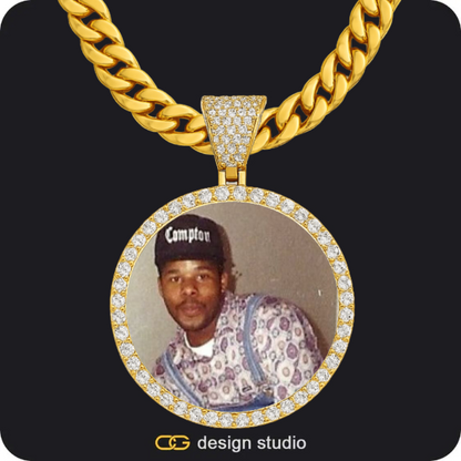 Custom Photo Pendant - Gold / Circle (4 cm) / Rope,Clover Initial Necklace - J / 16 inch,Custom Photo Pendant - Gold / Circle (4 cm) / Cuban (10mm)