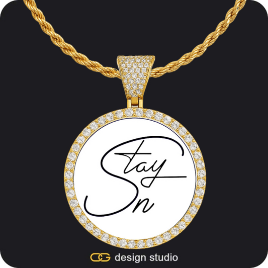 Custom Photo Pendant - Gold / Circle (4 cm) / Rope,Clover Initial Necklace - J / 16 inch,Custom Photo Pendant - Gold / Circle (4 cm) / Cuban (10mm)