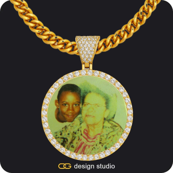 Block initial necklace - W,Custom Photo Pendant - Gold / Circle (4 cm) / Cuban (5mm)