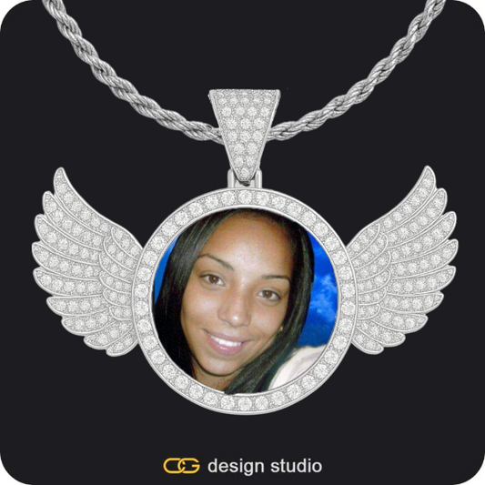 Custom Photo Pendant - Silver / Wings / Rope