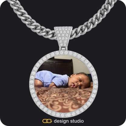 Custom Photo Pendant - Silver / Circle (4 cm) / Tennis,Custom Photo Pendant - Silver / Circle (4 cm) / Cuban (5mm)