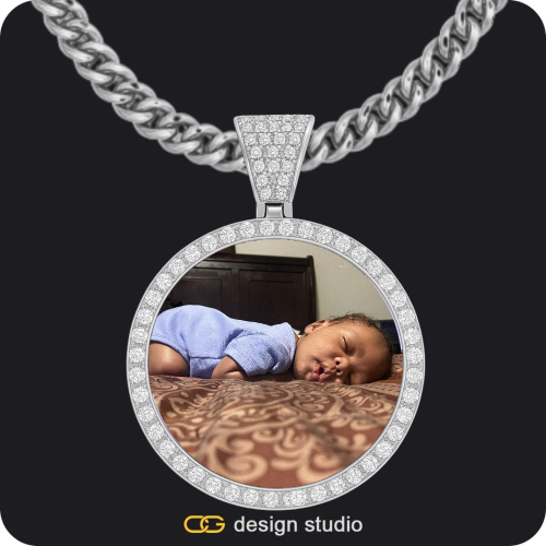 Custom Photo Pendant - Silver / Circle (4 cm) / Tennis,Custom Photo Pendant - Silver / Circle (4 cm) / Cuban (5mm)