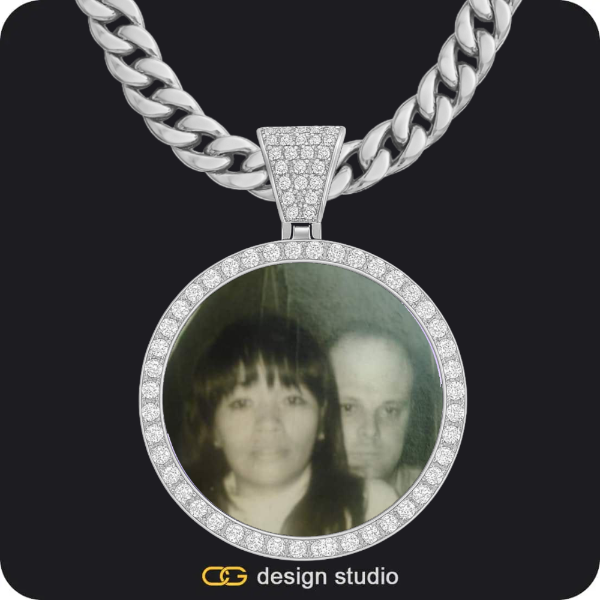 Baguette Letter Initial Necklace: Silver - M / Cuban (5mm),Custom Photo Pendant - Silver / Circle (4 cm) / Cuban (10mm)