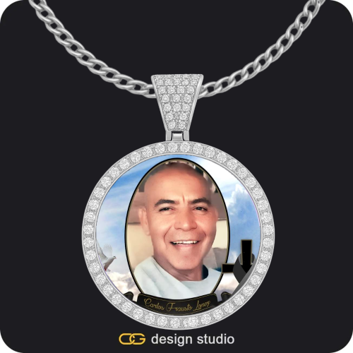 Grand victorian initial necklace - F / Silver,Custom Photo Pendant - Silver / Circle (4 cm) / Cuban (3mm)