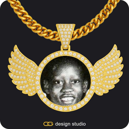 Custom Photo Pendant - Gold / Circle (3 cm) / Cuban (10mm),Custom Photo Pendant - Gold / Wings / Cuban (5mm)