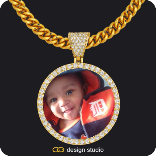 Clover Initial Necklace - J / 16 inch,Custom Photo Pendant - Gold / Circle (4 cm) / Cuban (5mm)