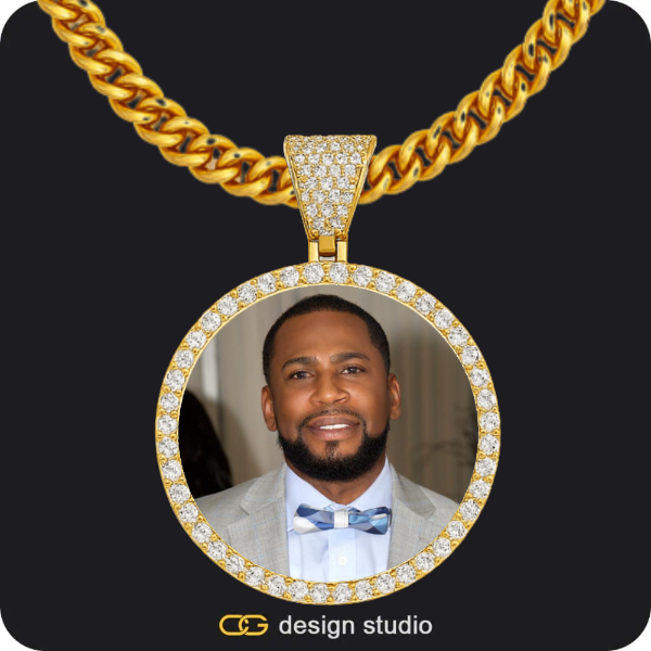 Hexagon initial necklace - F,Custom Photo Pendant - Gold / Circle (4 cm) / Cuban (5mm)