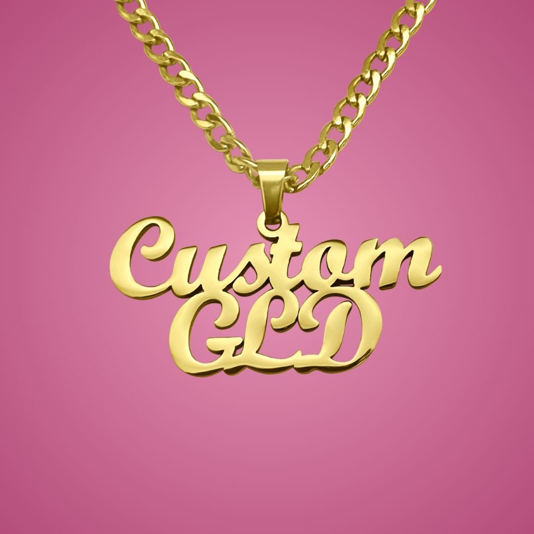 Close-up of the CustomGLD Bold name necklace with stacked names "Custom" and "Gld", showcased on a Cuban chain.