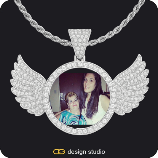 Custom Photo Pendant - Silver / Wings / Rope