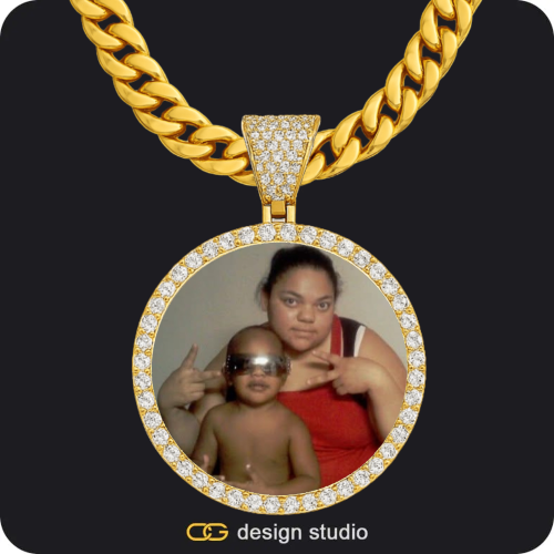 Hexagon initial necklace - F,Custom Photo Pendant - Gold / Circle (4 cm) / Cuban (10mm)
