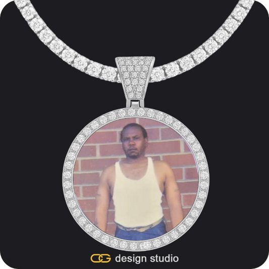 Custom Photo Pendant - Silver / Circle (4 cm) / Tennis,Clover Initial Necklace - R / 18 inch