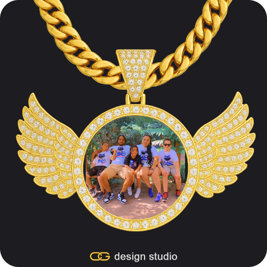 Hexagon initial necklace - W,Custom Photo Pendant - Gold / Wings / Cuban (10mm)