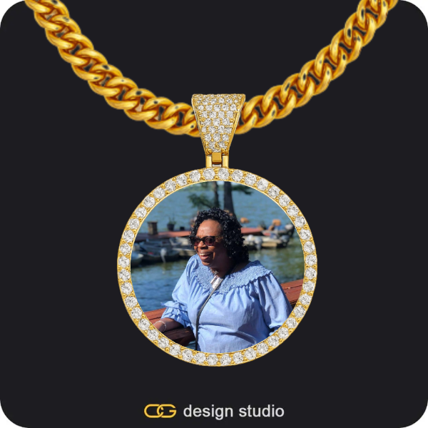 Block initial necklace - W,Custom Photo Pendant - Gold / Circle (3 cm) / Cuban (5mm)