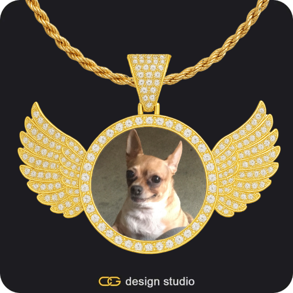Hexagon initial necklace - F,Custom Photo Pendant - Gold / Wings / Rope