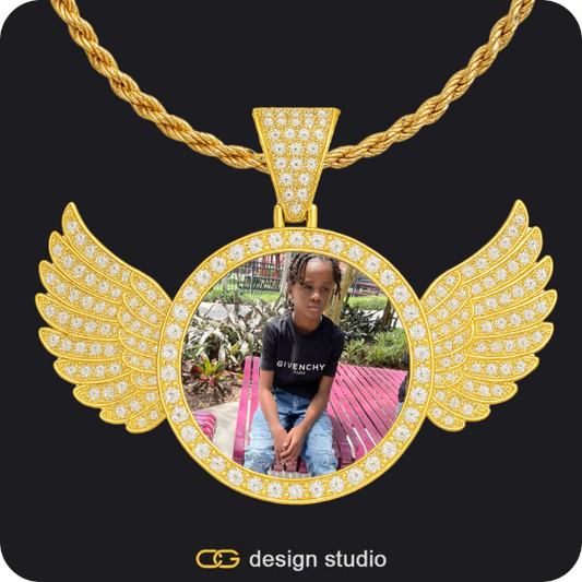 Custom Photo Pendant - Gold / Wings / Rope