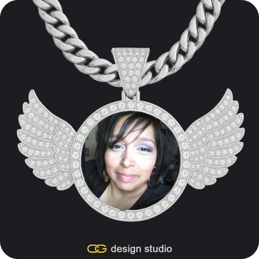 Clover Initial Necklace - A / 18 inch,Custom Photo Pendant - Silver / Wings / Cuban (10mm)