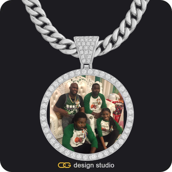 Hexagon initial necklace - W,Custom Photo Pendant - Silver / Circle (4 cm) / Cuban (10mm)