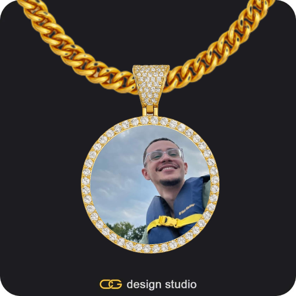 Hexagon initial necklace - Z,Custom Photo Pendant - Gold / Circle (3 cm) / Cuban (5mm)
