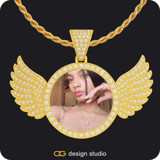 Custom Photo Pendant - Gold / Wings / Rope
