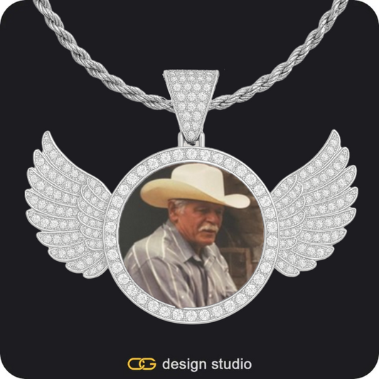 Custom Photo Pendant - Silver / Wings / Rope