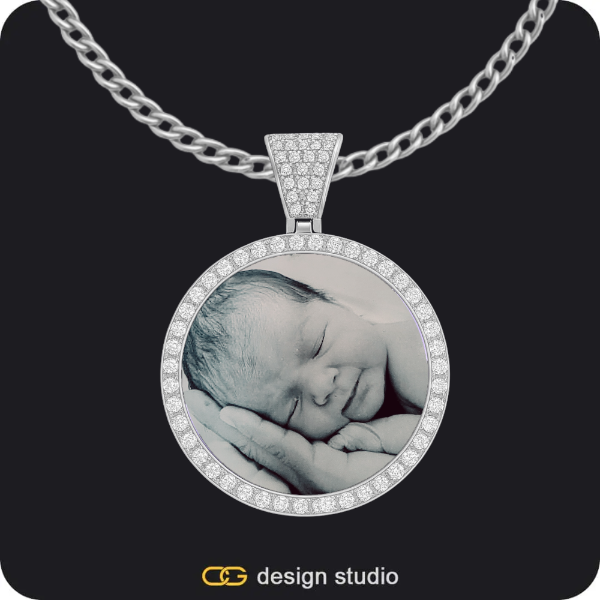 Hexagon initial necklace - O,Custom Photo Pendant - Silver / Circle (3 cm) / Cuban (3mm)