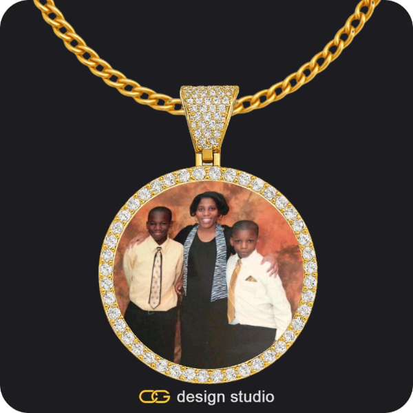 Hexagon initial necklace - O,Custom Photo Pendant - Gold / Circle (4 cm) / Cuban (3mm)
