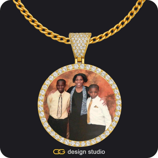 Hexagon initial necklace - O,Custom Photo Pendant - Gold / Circle (4 cm) / Cuban (3mm)