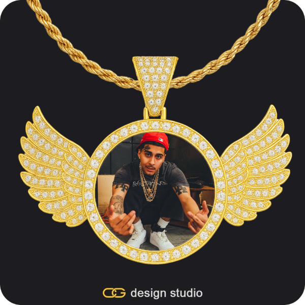 Custom Photo Pendant - Gold / Wings / Rope