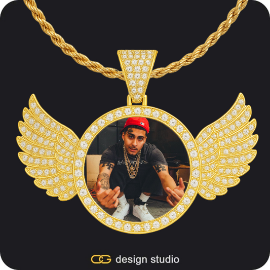 Custom Photo Pendant - Gold / Wings / Rope