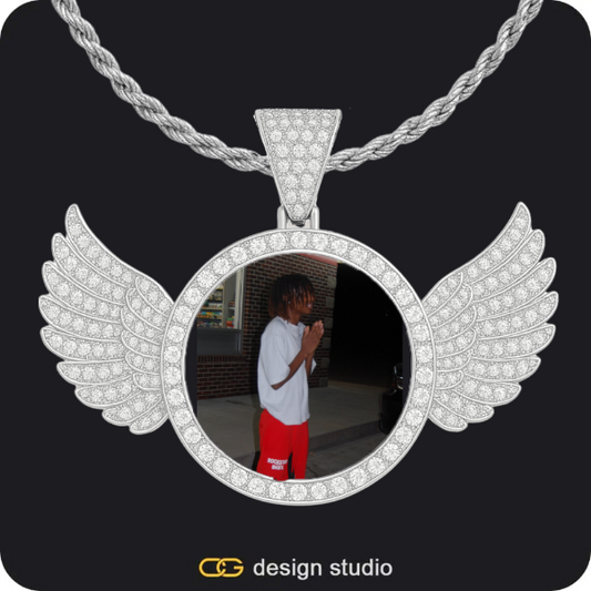 Custom Photo Pendant - Silver / Wings / Rope