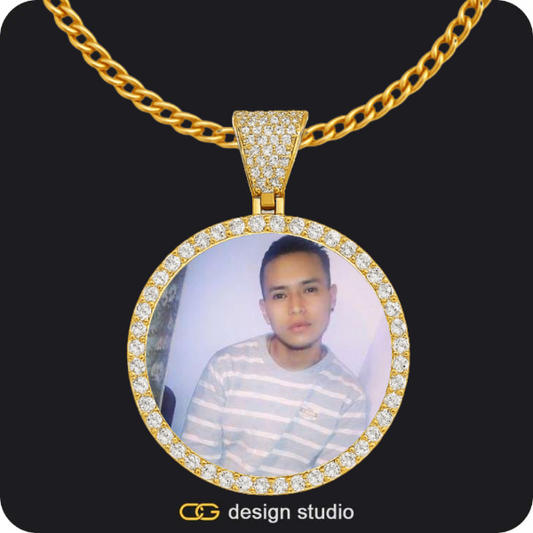 Rectangle Initial necklace - Q,Custom Photo Pendant - Gold / Circle (4 cm) / Cuban (3mm)