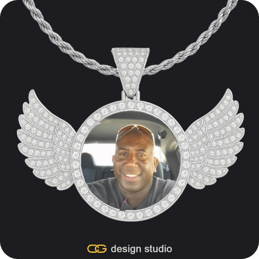 Custom Photo Pendant - Silver / Wings / Rope