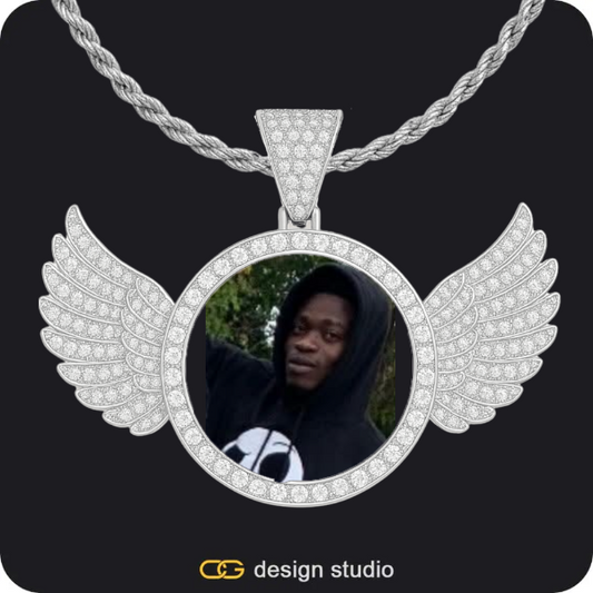 Custom Photo Pendant - Silver / Wings / Rope