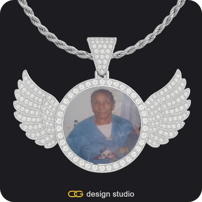 Custom Photo Pendant - Silver / Circle (4 cm) / Cuban (5mm),Custom Photo Pendant - Silver / Wings / Cuban (3mm),Custom Photo Pendant - Silver / Wings / Rope,Custom Photo Pendant - Silver / Wings / Rope