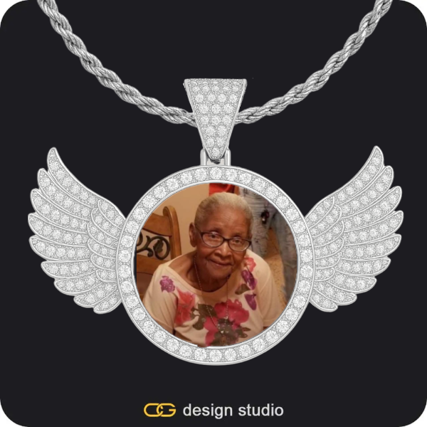 Custom Photo Pendant - Silver / Circle (4 cm) / Cuban (5mm),Custom Photo Pendant - Silver / Wings / Cuban (3mm),Custom Photo Pendant - Silver / Wings / Rope,Custom Photo Pendant - Silver / Wings / Rope