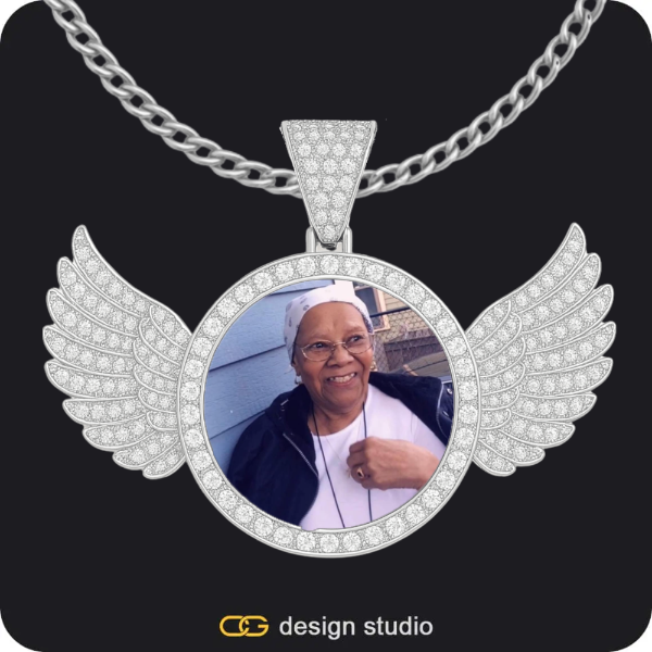 Custom Photo Pendant - Silver / Circle (4 cm) / Cuban (5mm),Custom Photo Pendant - Silver / Wings / Cuban (3mm),Custom Photo Pendant - Silver / Wings / Rope,Custom Photo Pendant - Silver / Wings / Rope
